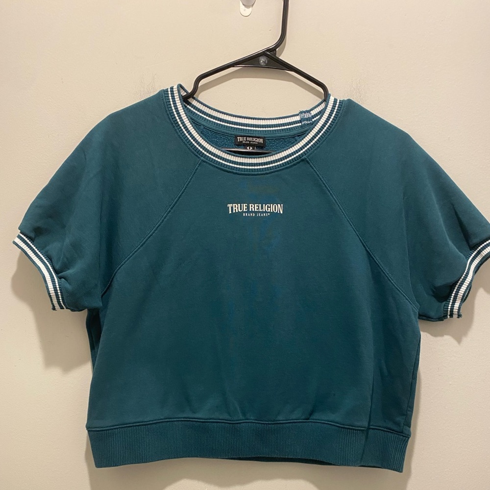 True Religion Shrunken Ringer Raglan Teal S/S Crop Top Women’s Size L Y2K EUC
